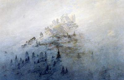 CDF., Morgennebel im Gebirge 1908. (Auf der Gebirgsspitze ist ein hier nicht zu erkennendes Kreuz gemalt)